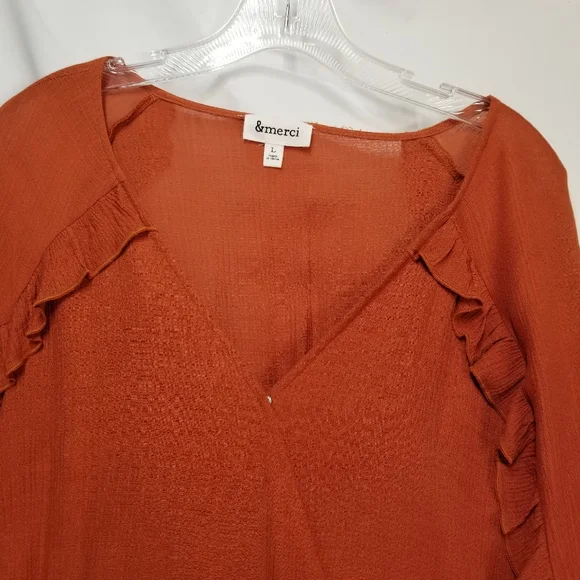 & Merci Woman SzL Romper Ruffle Long Sleeve Drawstring Waist V Neck Burnt Orange - Picture 7 of 13